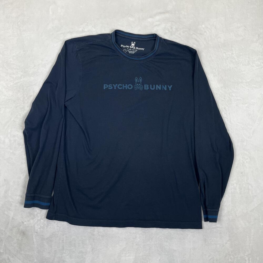 Psycho Bunny Long Sleeve T-Shirt Mens 7 Blue Cotton Graphic Logo Crew Neck
